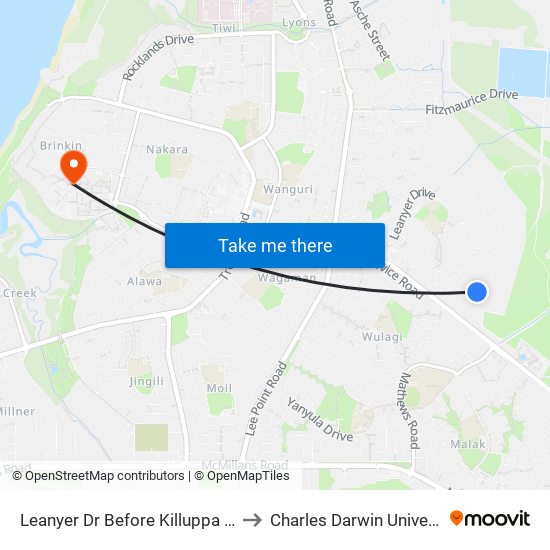 Leanyer Dr Before Killuppa Cres to Charles Darwin University map