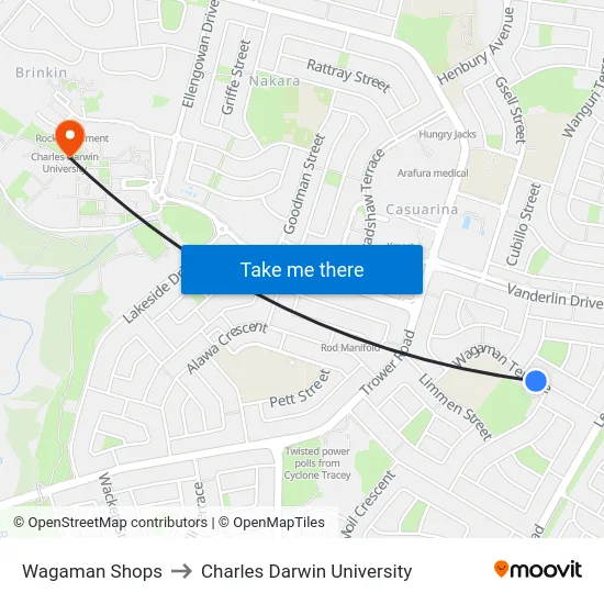 Wagaman Shops to Charles Darwin University map