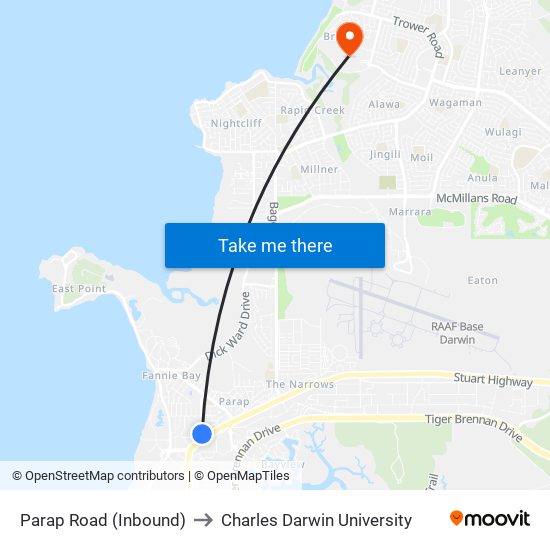 Parap Road (Inbound) to Charles Darwin University map