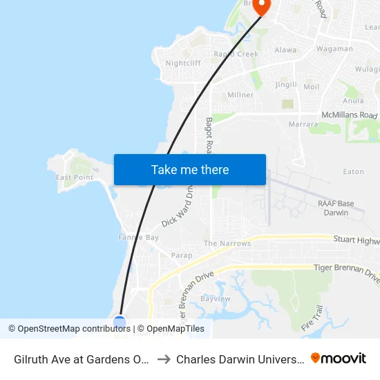 Gilruth Ave at Gardens Oval to Charles Darwin University map