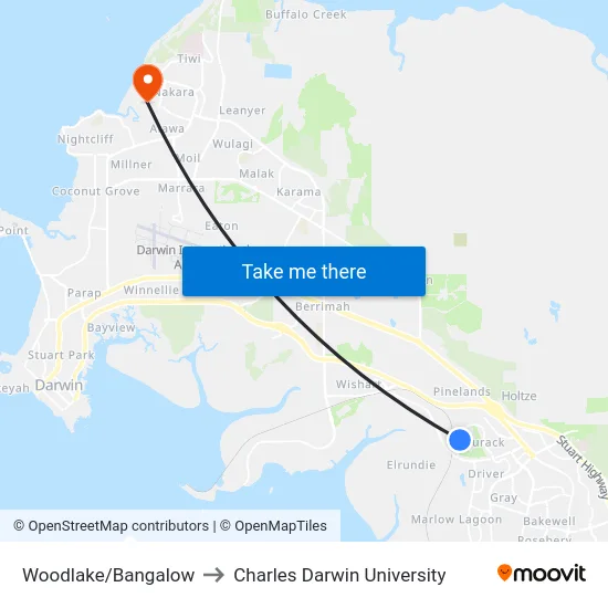 Woodlake/Bangalow to Charles Darwin University map