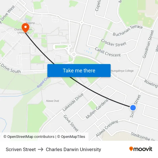 Scriven Street to Charles Darwin University map