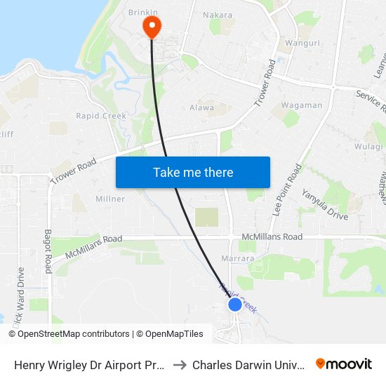 Henry Wrigley Dr Airport Precinct to Charles Darwin University map