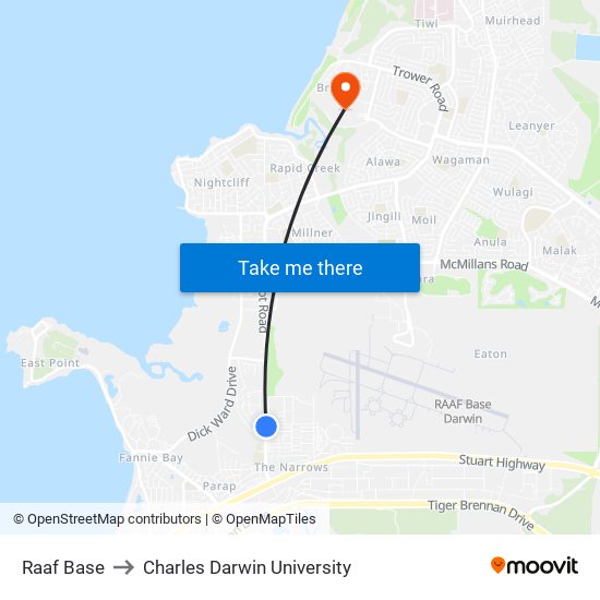 Raaf Base to Charles Darwin University map