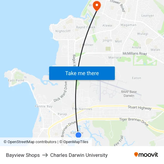Bayview Shops to Charles Darwin University map