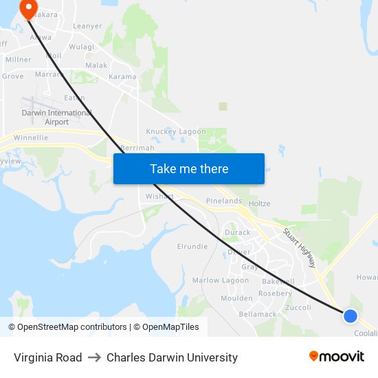 Virginia Road to Charles Darwin University map