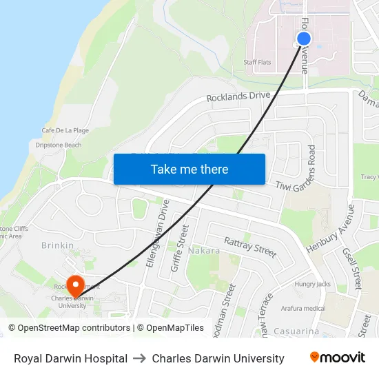 Royal Darwin Hospital to Charles Darwin University map