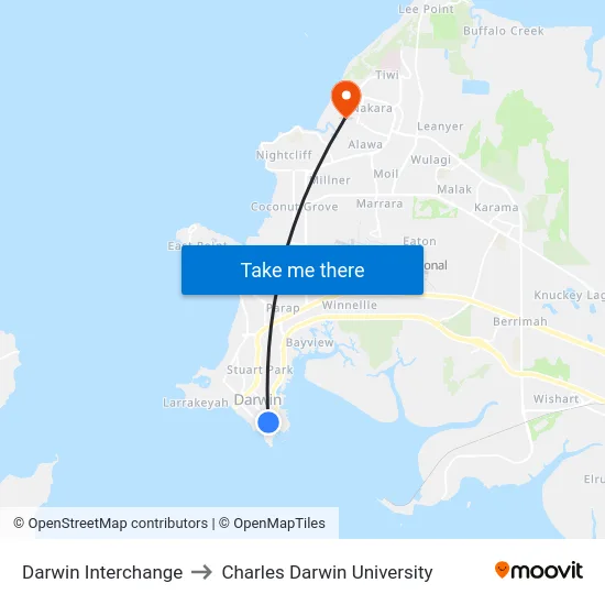 Darwin Interchange to Charles Darwin University map
