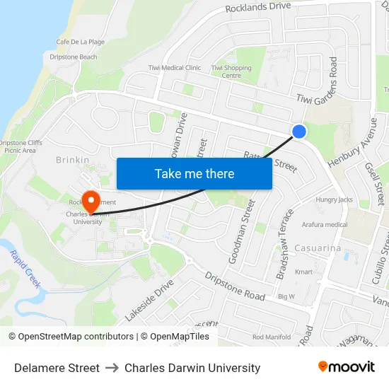Delamere Street to Charles Darwin University map