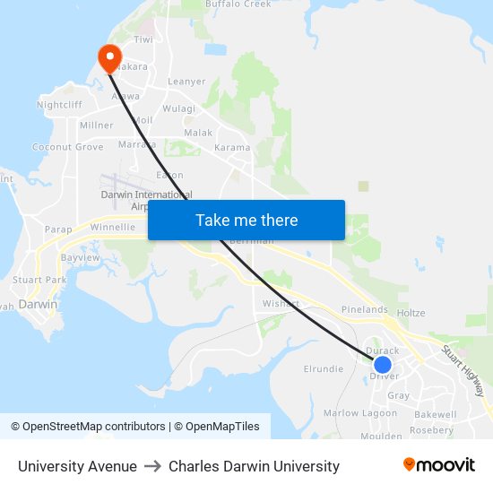 University Avenue to Charles Darwin University map