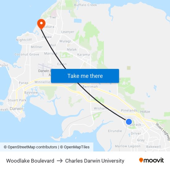 Woodlake Boulevard to Charles Darwin University map