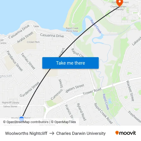 Woolworths Nightcliff to Charles Darwin University map