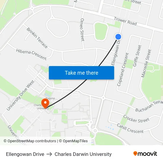 Ellengowan Drive to Charles Darwin University map
