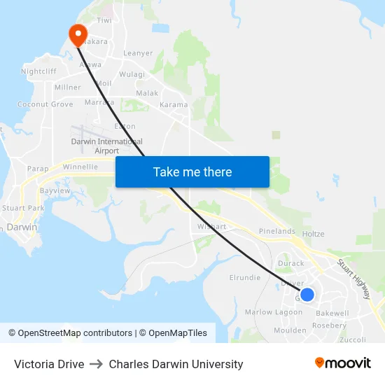 Victoria Drive to Charles Darwin University map
