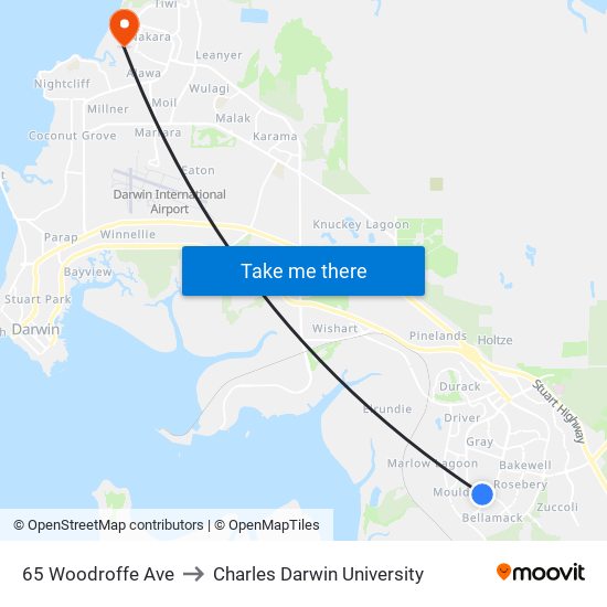 65 Woodroffe Ave to Charles Darwin University map