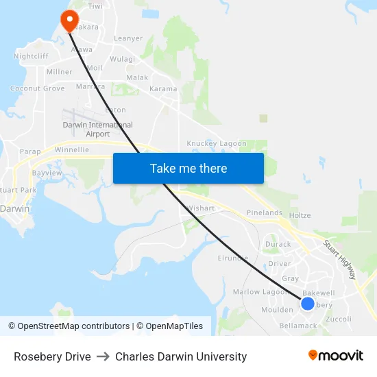 Rosebery Drive to Charles Darwin University map