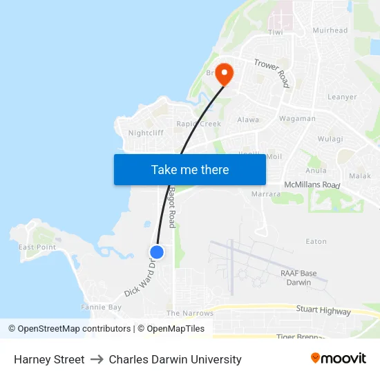 Harney Street to Charles Darwin University map