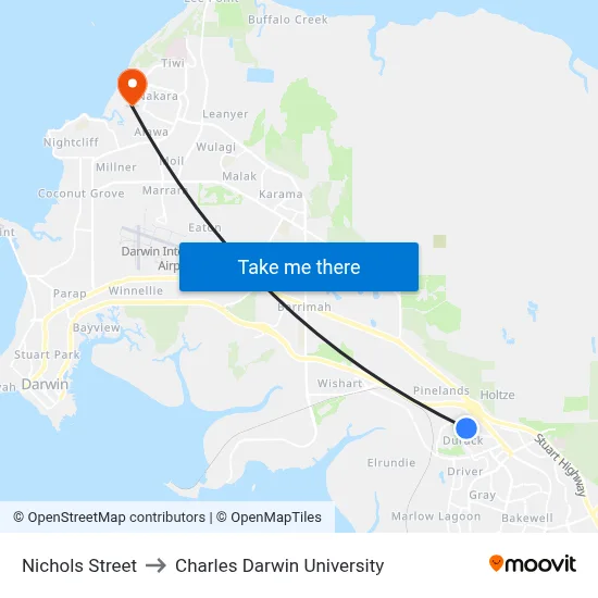 Nichols Street to Charles Darwin University map