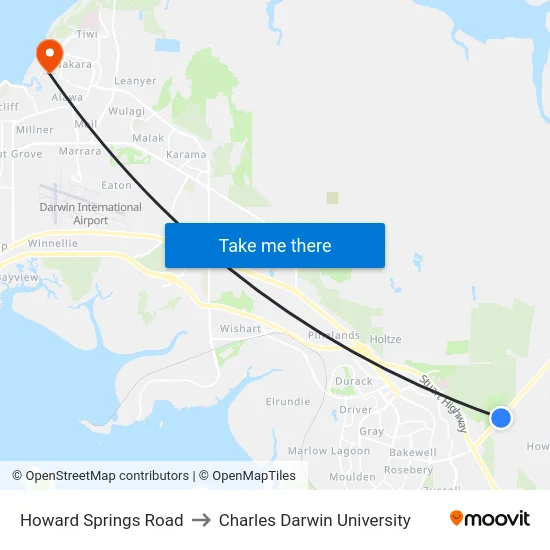 Howard Springs Road to Charles Darwin University map