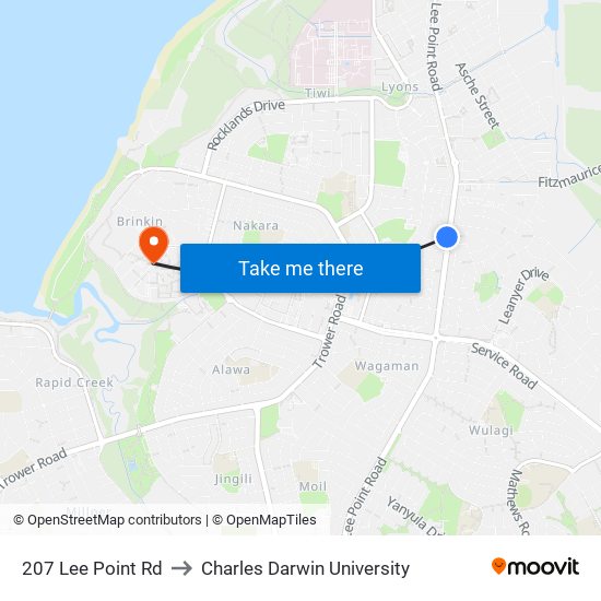 207 Lee Point Rd to Charles Darwin University map