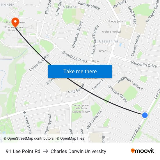 91 Lee Point Rd to Charles Darwin University map