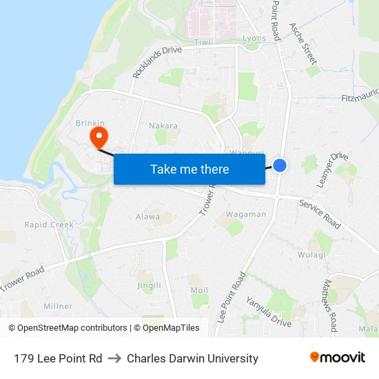 179 Lee Point Rd to Charles Darwin University map