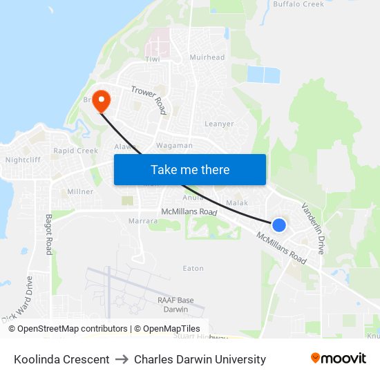 Koolinda Crescent to Charles Darwin University map