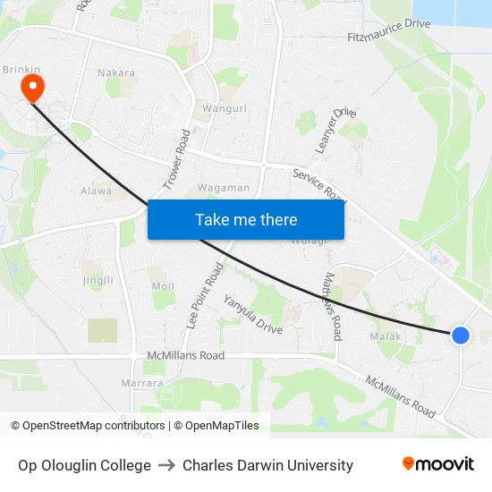 Op Olouglin College to Charles Darwin University map