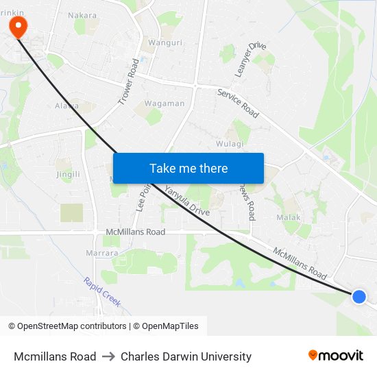 Mcmillans Road to Charles Darwin University map