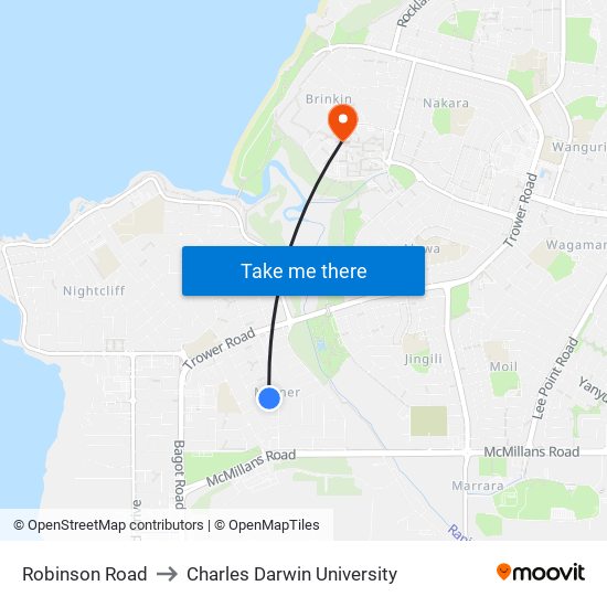 Robinson Road to Charles Darwin University map