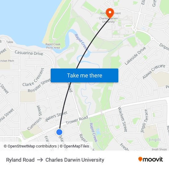 Ryland Road to Charles Darwin University map