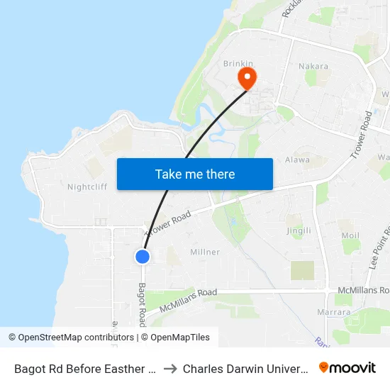 Bagot Rd Before Easther Crt to Charles Darwin University map