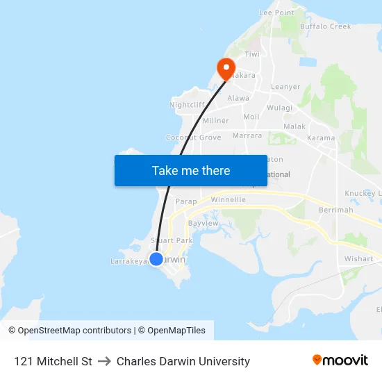 121 Mitchell St to Charles Darwin University map