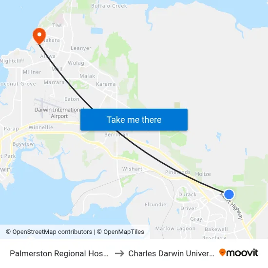 Palmerston Regional Hospital to Charles Darwin University map