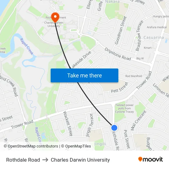 Rothdale Road to Charles Darwin University map