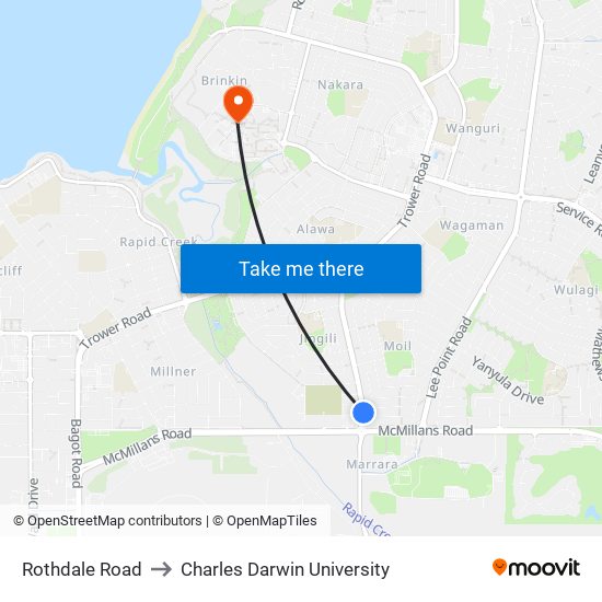 Rothdale Road to Charles Darwin University map