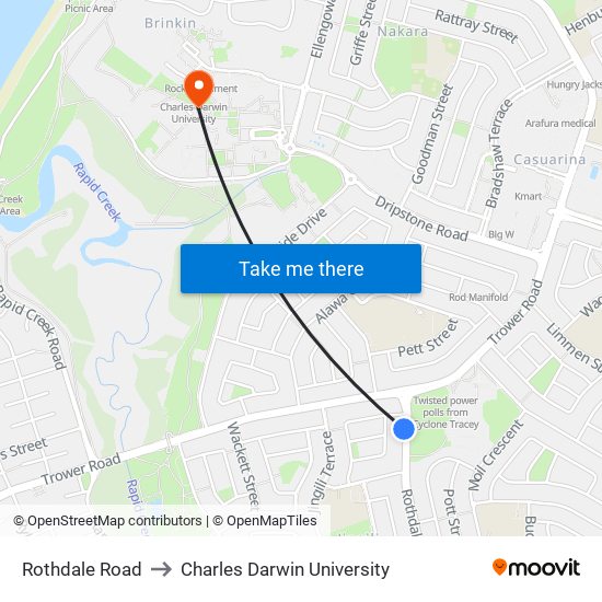 Rothdale Road to Charles Darwin University map