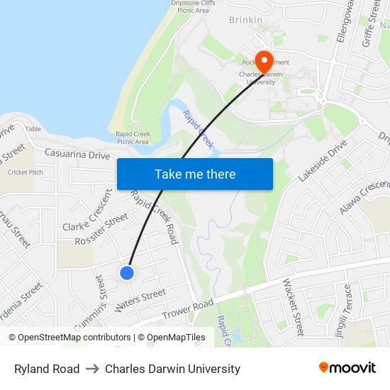 Ryland Road to Charles Darwin University map