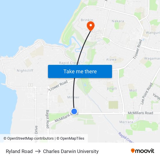 Ryland Road to Charles Darwin University map