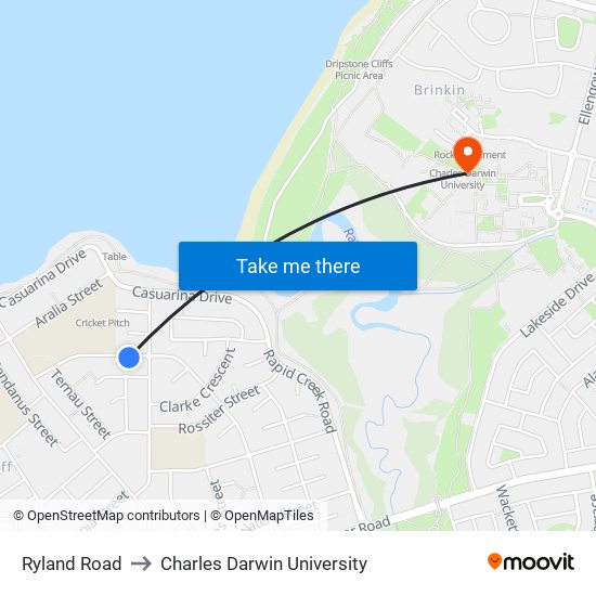 Ryland Road to Charles Darwin University map