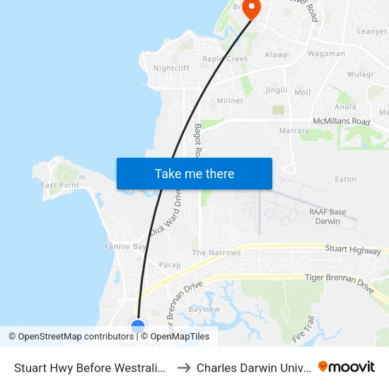 Stuart Hwy Before Westralia Street to Charles Darwin University map