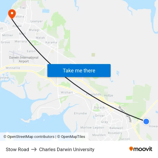 Stow Road to Charles Darwin University map
