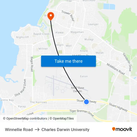 Winnellie Road to Charles Darwin University map