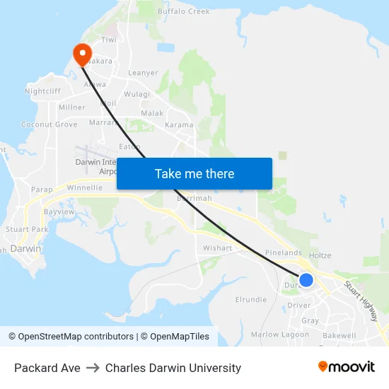Packard Ave to Charles Darwin University map