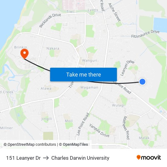 151 Leanyer Dr to Charles Darwin University map