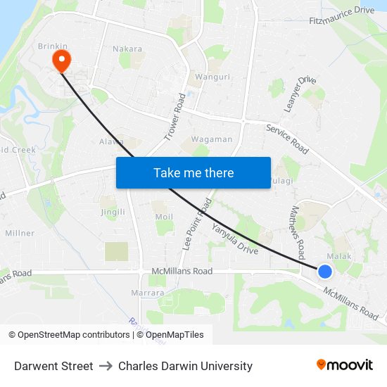 Darwent Street to Charles Darwin University map