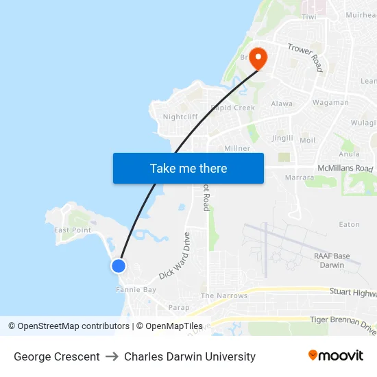 George Crescent to Charles Darwin University map