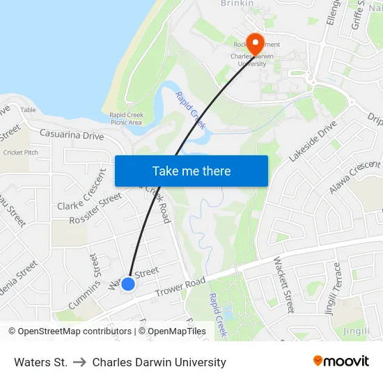 Waters St. to Charles Darwin University map