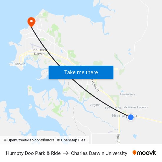 Humpty Doo Park & Ride to Charles Darwin University map