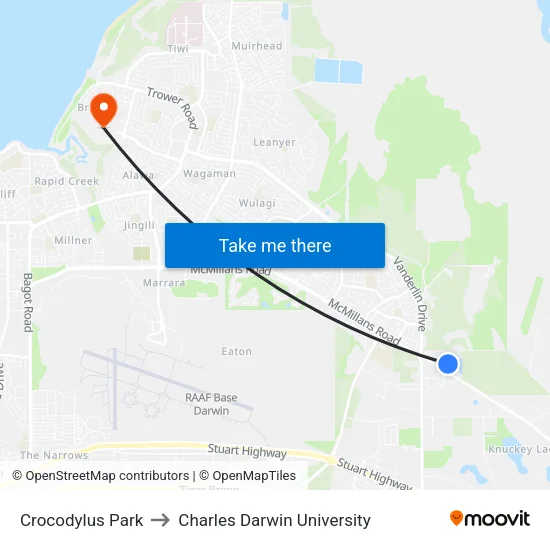 Crocodylus Park to Charles Darwin University map